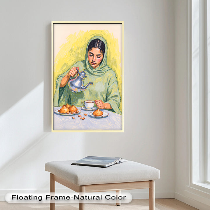 Woman Pouring Tea with Traditional Sweets - Food Painting