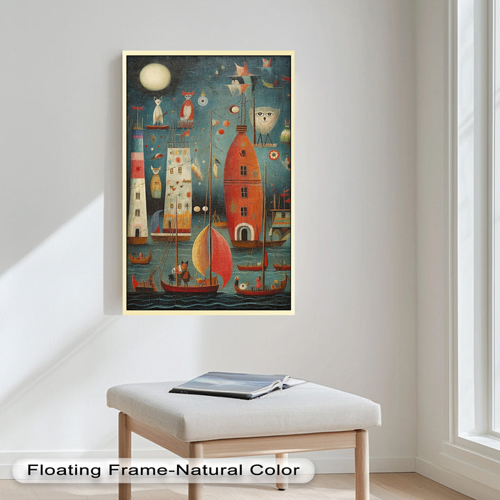 Moonlit Harbor Parade – Surreal Cat and Owl Fantasy Oil Painting