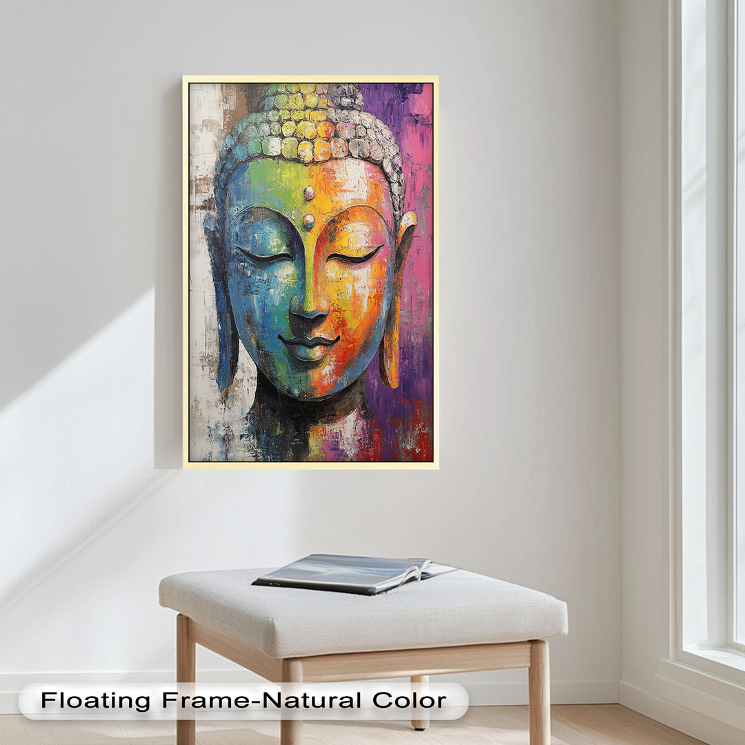 A colorful abstract portrait of Buddha with closed eyes, painted in bold rainbow hues symbolizing peace and enlightenment.

