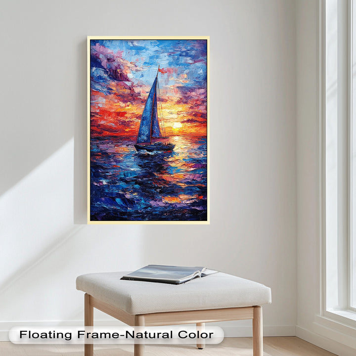 Crimson Horizon – Sunset Voyage Boat Oil Painting