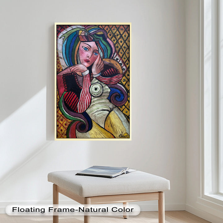 Melancholy in Stripes – Colorful Cubist Woman Portrait Picasso Oil Painting