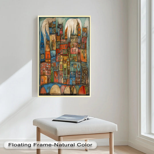 Displaying realistic detail, the whimsical cat cityscape oil painting features surreal architecture, feline faces, and modern oil painting art in a colorful, surreal style.