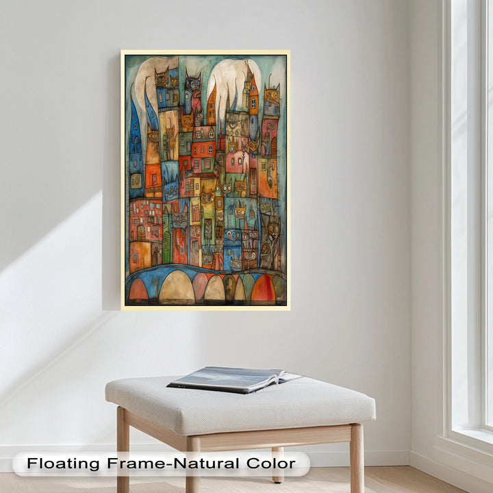Whimsical Cat Cityscape – Surreal Architecture and Feline Picasso Oil Painting