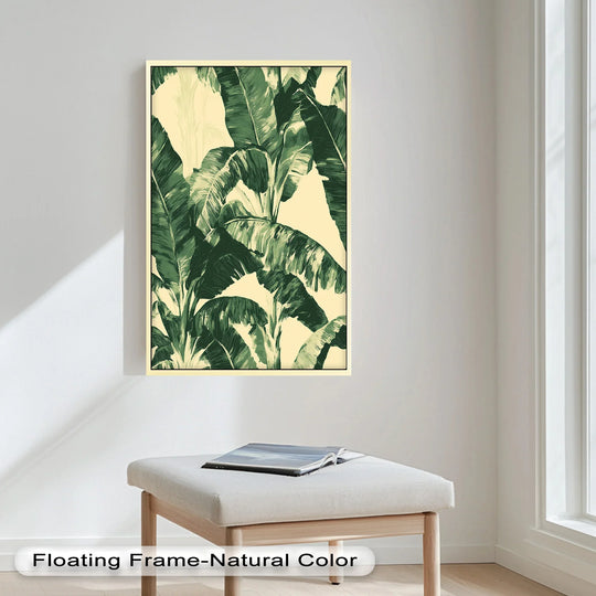 Vintage botanical art emanates through the subtle, creamy background in this framed banana leaf oil painting decoration.