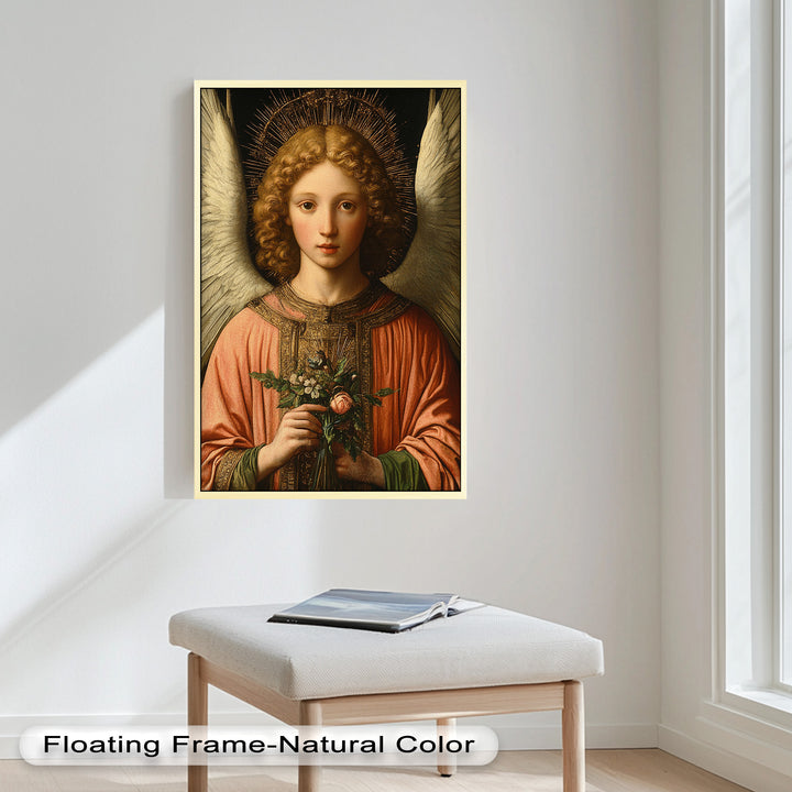 A beautifully detailed angel portrait featuring intricate golden accents, soft wings, and a floral offering.
