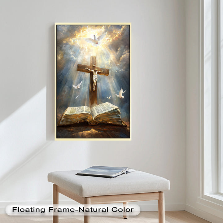 Jesus on the Cross with Open Bible and Doves - Oil Painting
