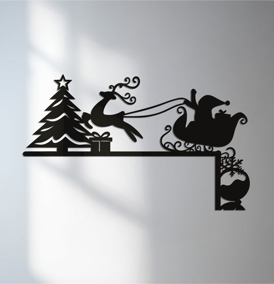 Festive and joyful, the laser-cut Santa sleigh and Christmas tree metal artwork evokes a cheerful holiday mood with its silhouette design.