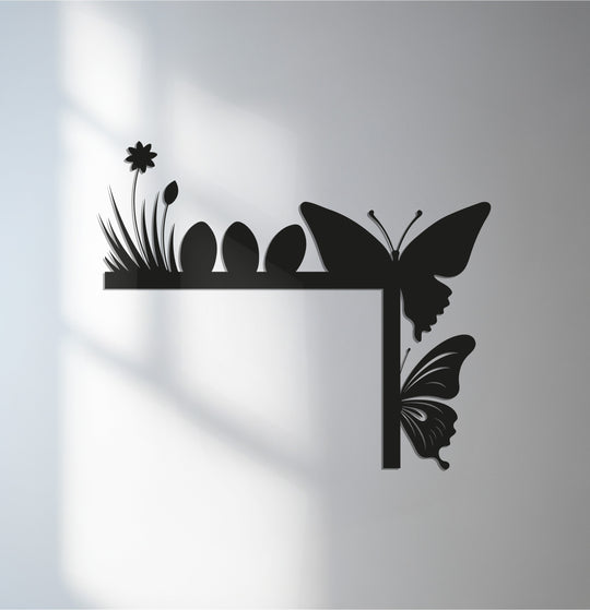 Calm springtime evokes a sense of rejuvenation in this decorative metal art featuring butterflies and a meadow scene for fireplace décor.