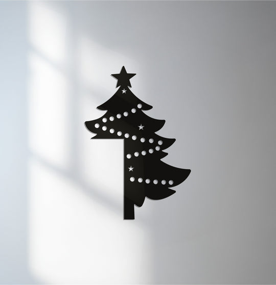 Softest shadows accent the starlit evergreen, Christmas tree metal artwork, creating a festive holiday display within the modern metal wall art design.