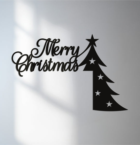 Swooping across the scene, this unique metal wall art piece, featuring a 'Merry Christmas' sentiment connected to a star-adorned tree, creates a dynamic sense of motion.
