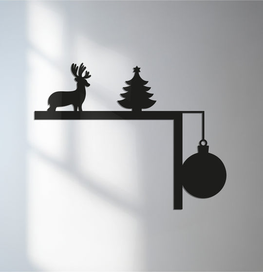Striking decoration wall art shows a dark metal Reindeer & Tree fireplace décor design, casting playful shadows as the loudest element of this holiday-themed art.