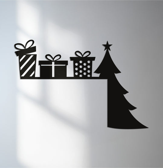 Silhouette of decorative metal art depicts a festive Christmas tree and holiday gifts, the loudest element in this laser-cut fireplace decor.