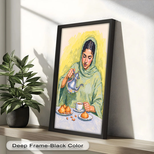 Elegant, high-quality oil painting wall art showcases a woman pouring tea, highlighting the fine details and rich textures of the 'Woman Pouring Tea with Traditional Sweets - Food Painting.'