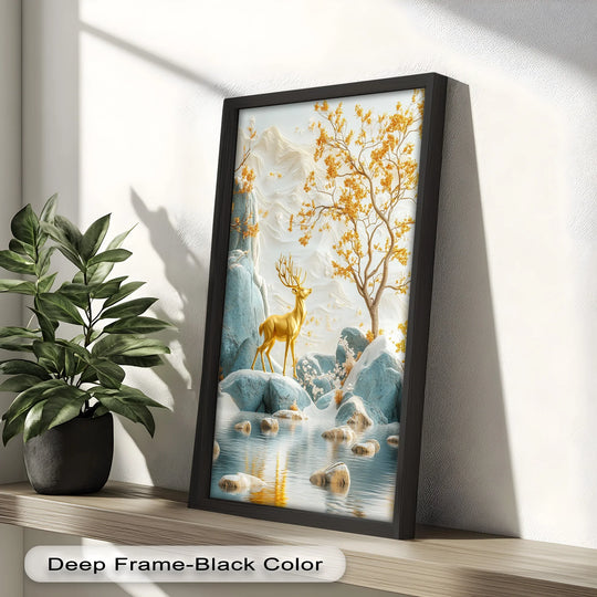 Standing tall, the golden deer is the focal point of this oil painting art piece, beautifully contrasting with the snowy mountain and tranquil waters in this animal painting.