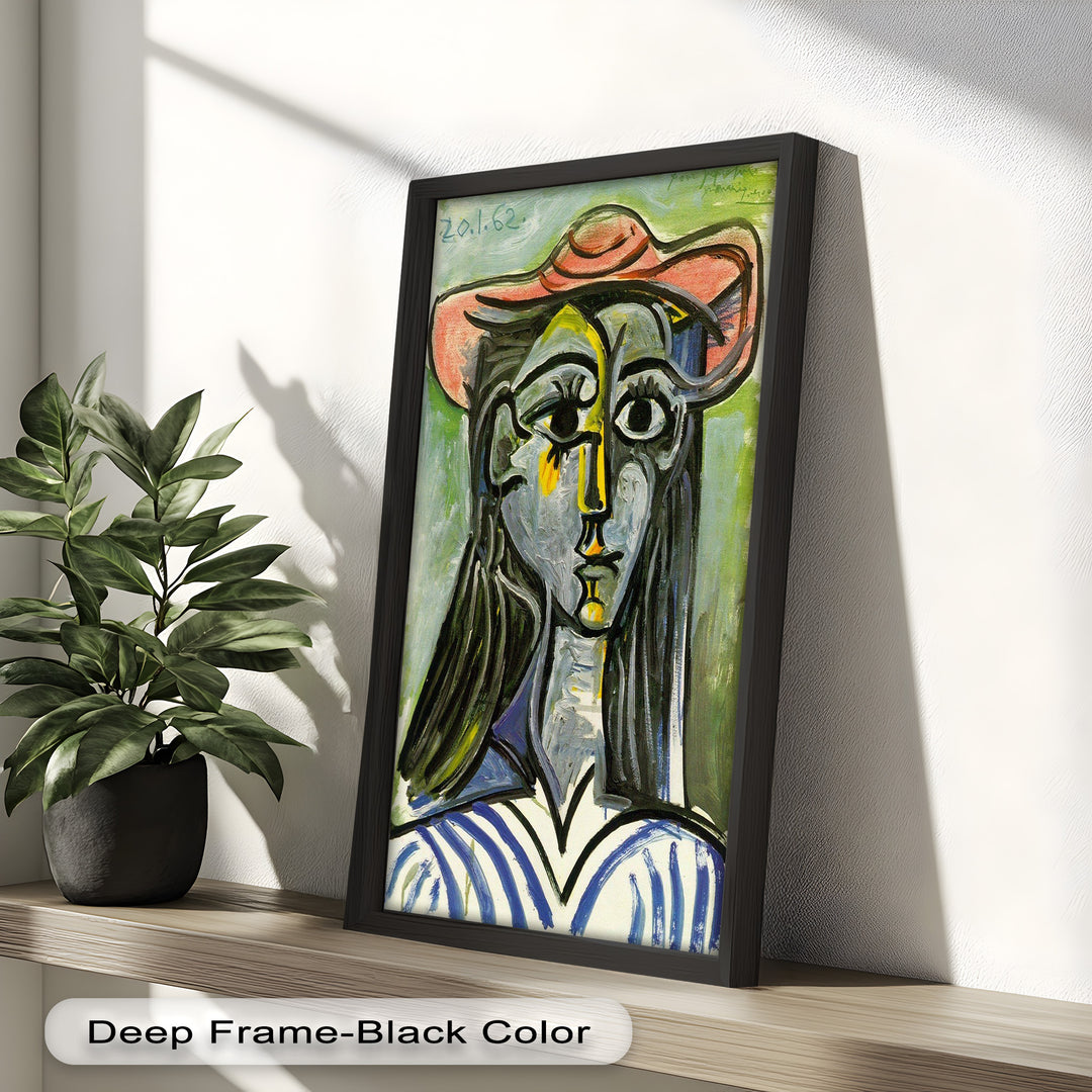 Striped Muse in Pink Hat – Picasso Oil Painting