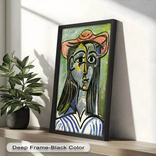 Framed in black, the smooth finish of this striped muse in pink hat modern oil painting art print accentuates the cubist style portrait.