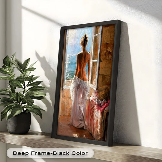 Brushstrokes evoke the subtle movement of the sea in this captivating oil painting wall art depicting a romantic woman by the ocean.