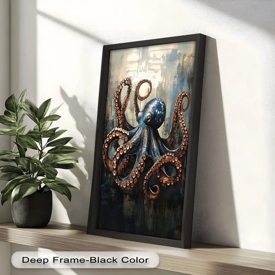 Depicting an intense depth, the darkest area of this deep sea octopus oil painting art piece accentuates the vivid blue hues and intricate tentacles against a textured backdrop.