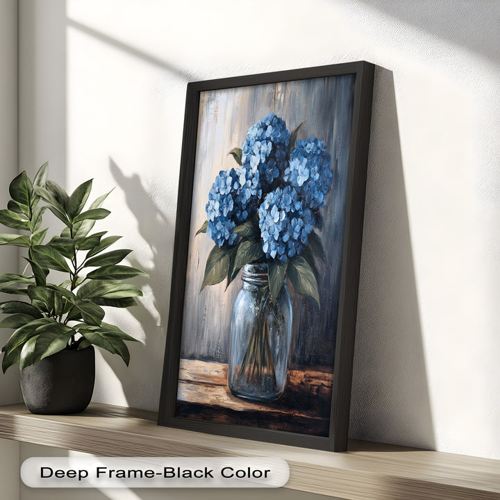 Blaue Gelassenheit – Hortensienblüten im Einmachglas, Blumenölgemälde