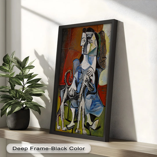 Foreground displays the deeply textured brushstrokes of this 'Loyal Companion' woman with dog oil painting decoration in a Picasso-inspired Cubist style.