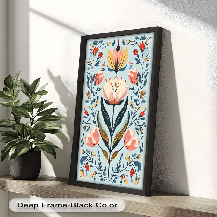 Folk-inspirierte Tulpenharmonie – Boho-Blumenölgemälde