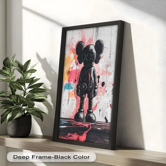 Negative space surrounds the dark silhouette in this urban resilience KAWS oil painting artwork, emphasizing the graffiti backdrop's colorful bursts of energy.