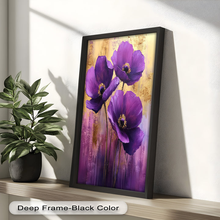 Velvet Blossoms – Purple Floral Elegance with Gold Flower Oil Painting