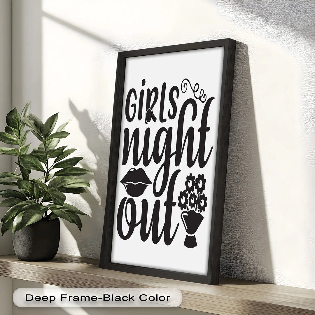 Girls Night Out Oil Painting – Modern Black and White Typography Art
