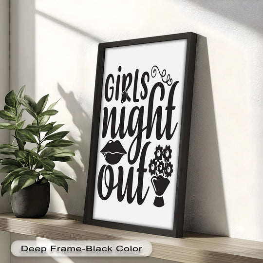 High color contrast defines this 'Girls Night Out' oil painting artwork, where bold black typography stands out against a bright white background.
