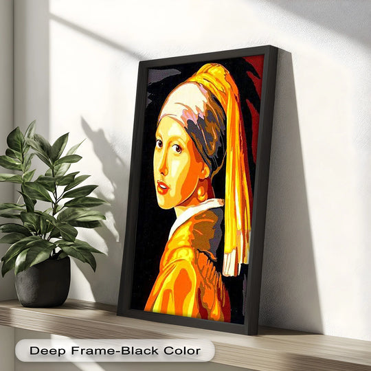 Pensive mood evoked by this modern oil painting reproduction print showcasing a golden-toned, contemporary take on 'Girl with a Pearl Earring.'