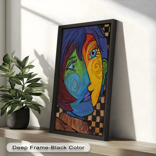 Foreground shows a framed vibrant abstract Dual Emotions Picasso oil painting art prints on a shelf next to a green potted plant, capturing the essence of the artistic piece.