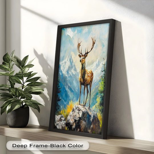 Gentle brushstrokes of sky create the softest element in this animal oil painting of a stag in a mountain landscape, adding a touch of oil painting art prints to your home decor.