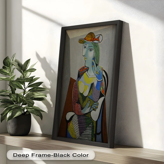 Showcasing the painting's organic forms and cubist-style depiction of a woman in a hat, this oil painting decoration provides colorful serenity.