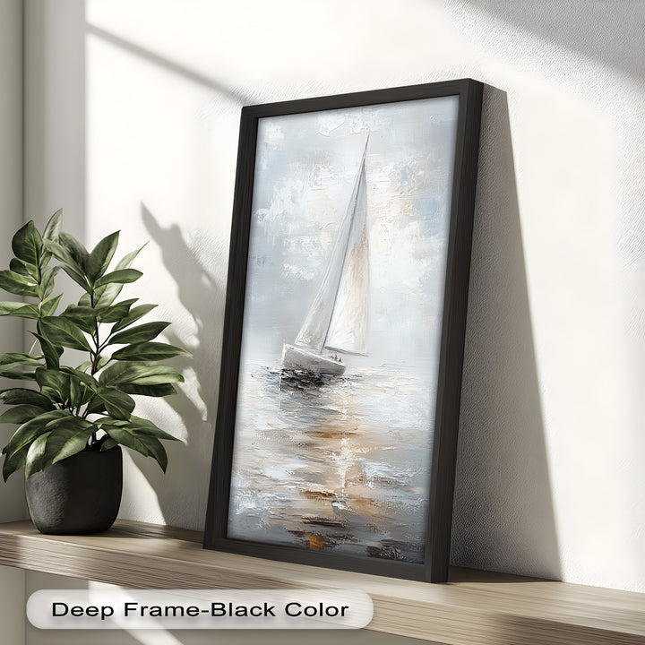 Sailing Through the Mist – White Boat Oil Painting