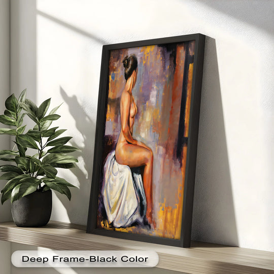 Expansive negative space surrounds the seated nude figure, highlighting the vibrant brushstrokes and expressive style of this contemporary oil painting art piece.