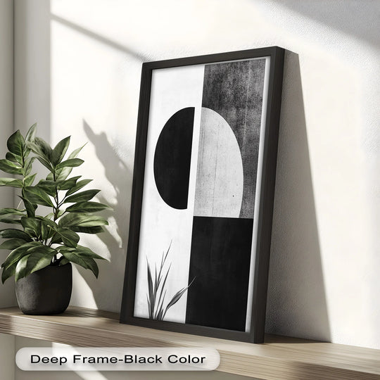 The stillness in this modern black and white abstract oil painting presents an intriguing oil painting decoration on a sleek, framed design, complemented by the greenery.