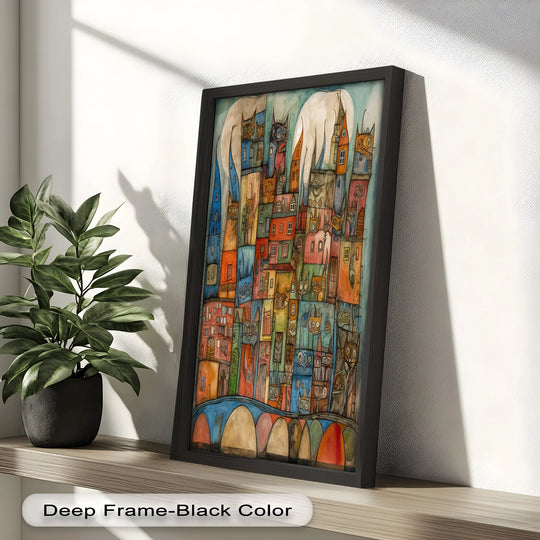 Juxtaposing organic forms with structured lines, this oil painting art prints presents a whimsical cityscape, blending feline figures and surreal architecture in vibrant colors.
