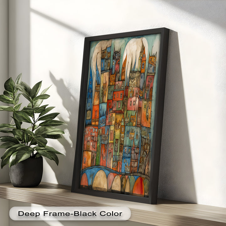 Whimsical Cat Cityscape – Surreal Architecture and Feline Picasso Oil Painting