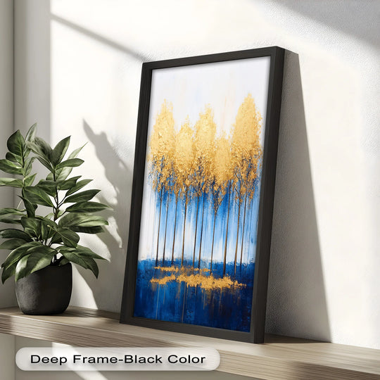 Light and shadow accent the textured gold foliage in this abstract oil painting art piece, depicting golden trees above a blue horizon.