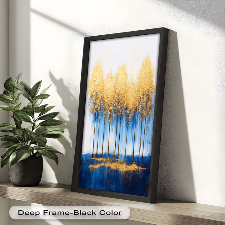 Goldene Bäume am blauen Horizont - Abstraktes Ölgemälde
