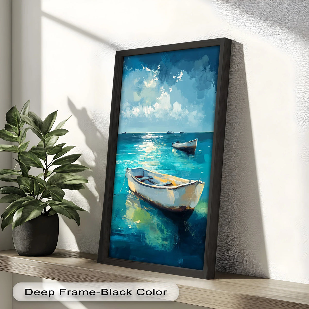 Vibrant color saturation enhances this boat oil painting wall art, depicting rowboats on a sunlit turquoise sea, creating a visually stunning nautical art piece.