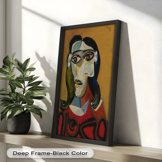 The bold, central female figure dominates this modern oil painting art, an abstract portrait featuring a red garment in the iconic Picasso style.
