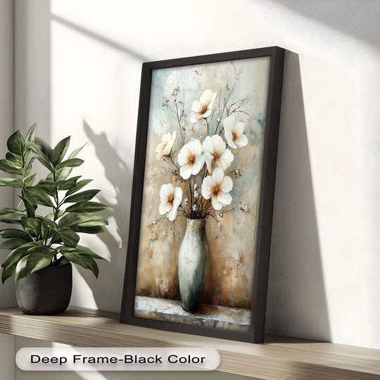The deep black frame is the darkest area, contrasting the ivory petals and vase in this captivating oil painting home decor.