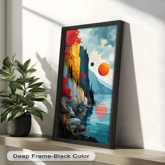 Sunlight and shadow play across the surreal cliffside landscape Picasso oil painting home decor, highlighting the vivid colors and abstract coastal view.