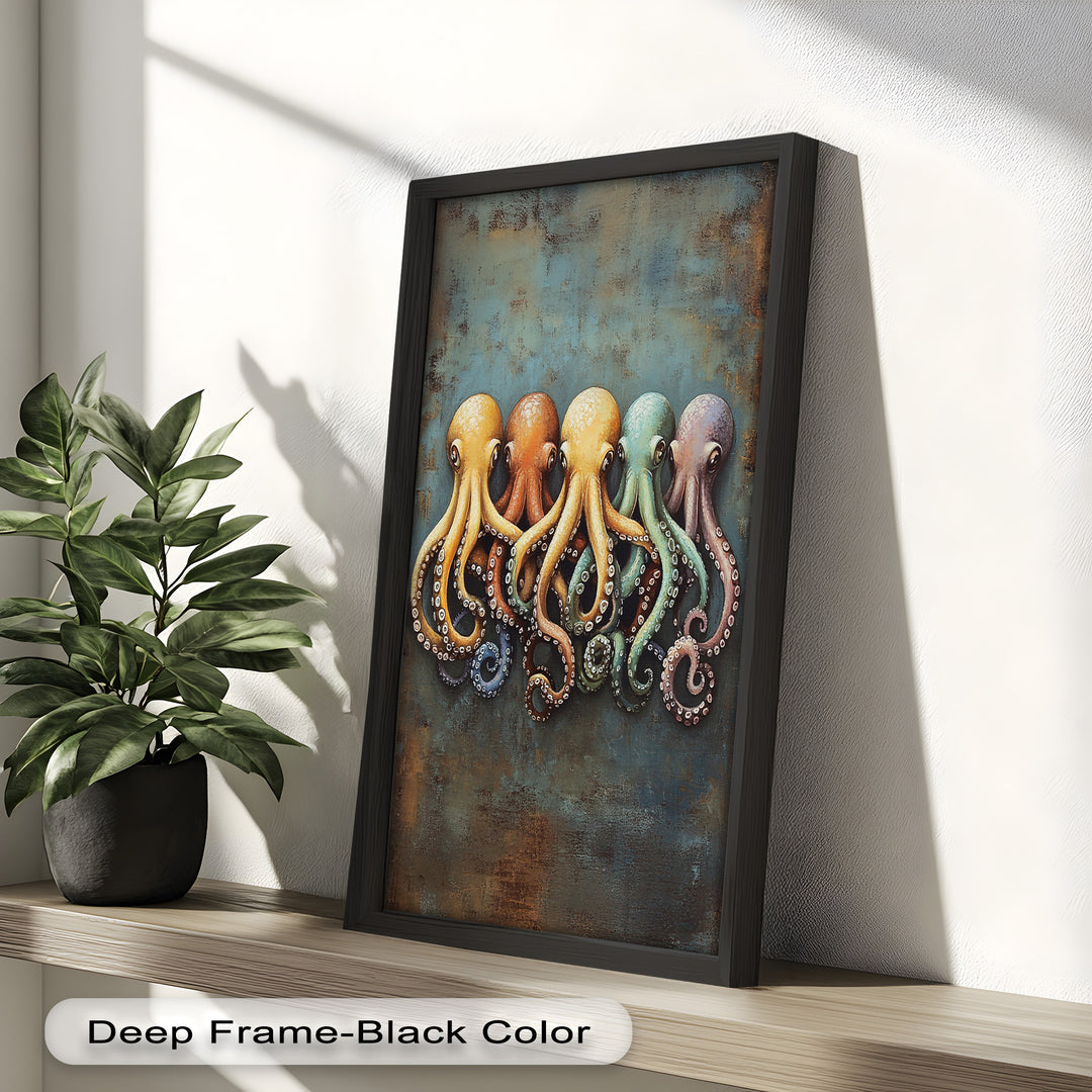 Whimsical Row of Octopuses – Colorful Sea Life Animal Oil Painting