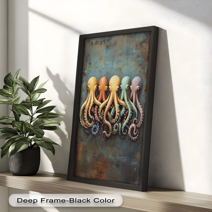Whimsical Row of Octopuses – Colorful Sea Life Animal Oil Painting