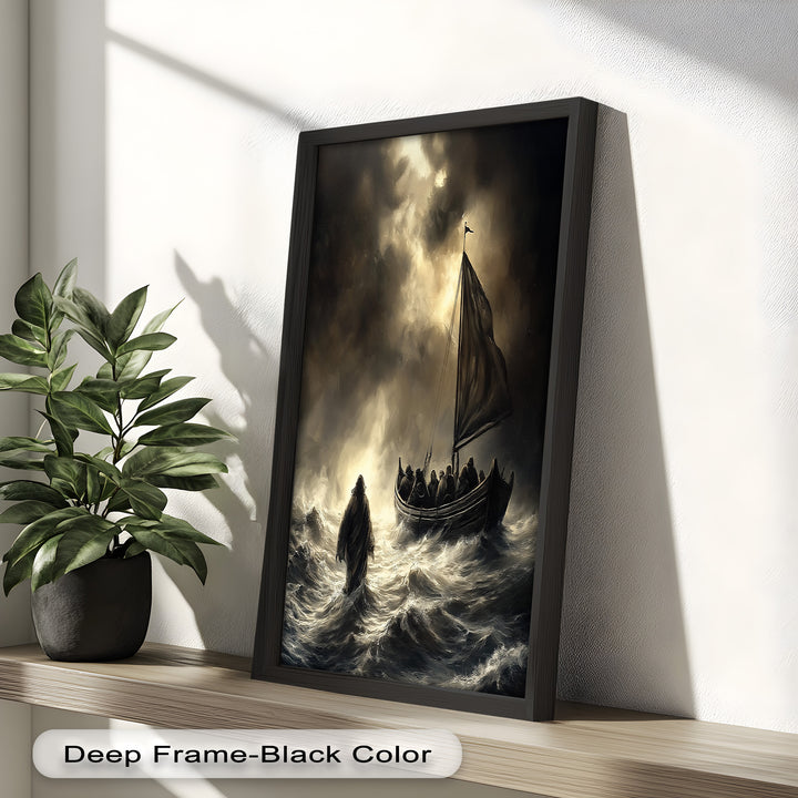 A stormy sea scene where Jesus walks toward the boat, his figure illuminated against the dark, tumultuous waves.