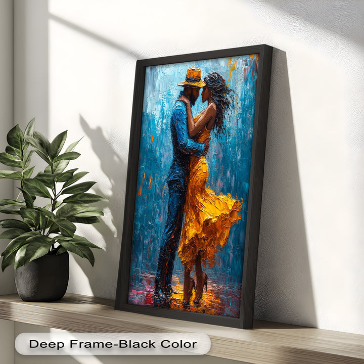 Midnight Embrace – Vibrant Couple in Yellow Dress Oil Painting