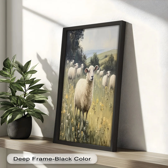 Deeply textured brushstrokes give this modern oil painting art of a sheep in a spring meadow a tactile, three-dimensional surface.
