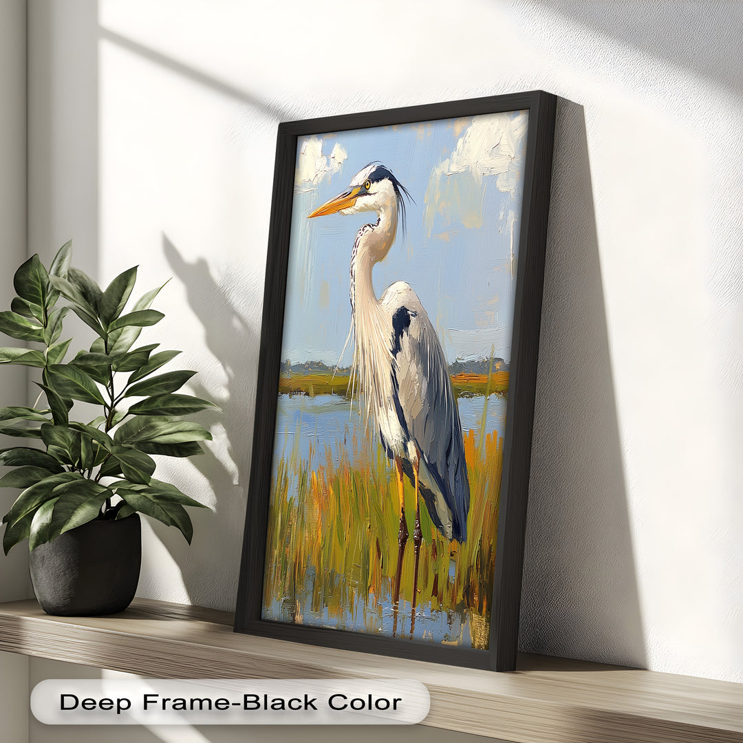 Heron in Sunlit Wetlands – Modern Oil Painting